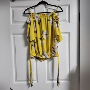 Zenobia - Floral Yellow Side Tie Off-Shoulder Crop Top - Size 1X